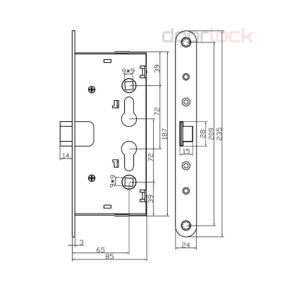 Огнестойкий замок в комплекте с разрезным штоком 65/65 Doorlock V 1901/65 (серия Variant)